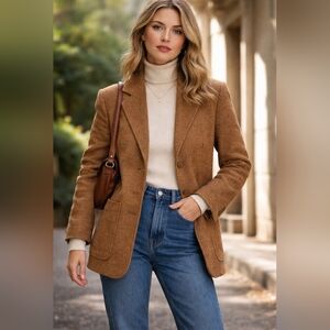 Vintage 90s Tweed Blazer Women's 2XL Caramel Brown Herringbone‎ Academia